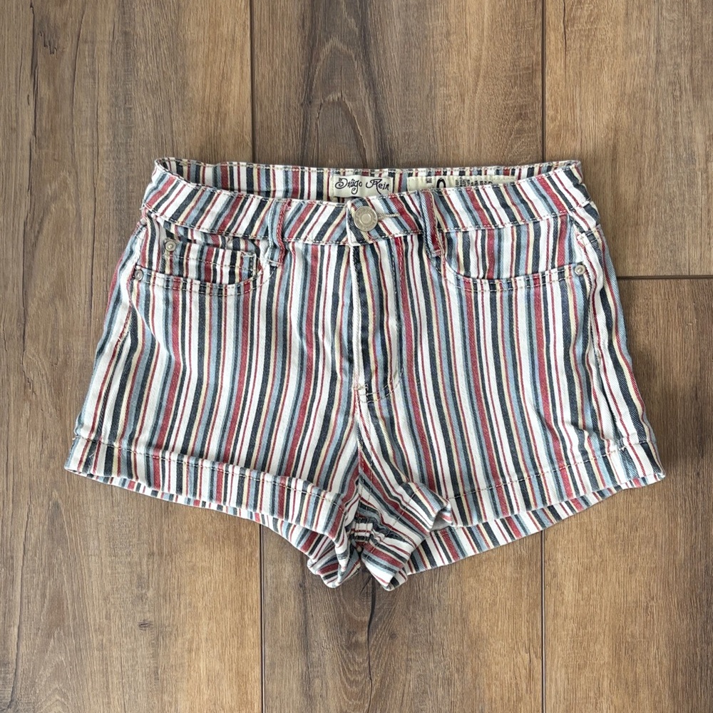 Striped High-Rise Denim Shorts - Multicolor